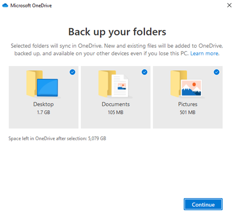 Determine which folders you would like OneDrive to backup for you